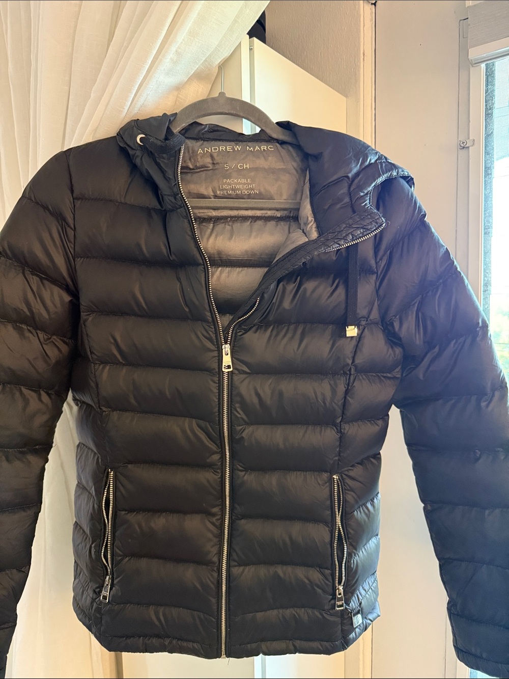 Andrew Marc Black Packable Down Puffer Jacket Hooded Size Small